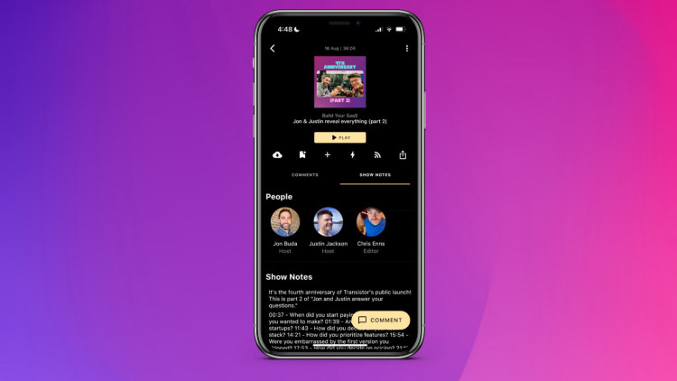 The Fountain podcast listening app displays People profiles for hosts, guests, editors