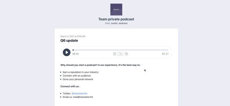 Listen to each private podcast episode in the browser