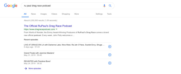 Podcasts appearing in Google search results