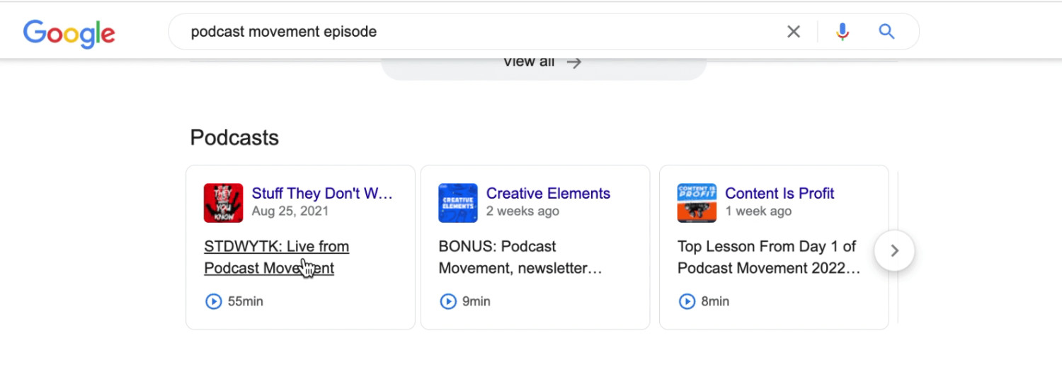 Regular google search for podcast episodes on a topic