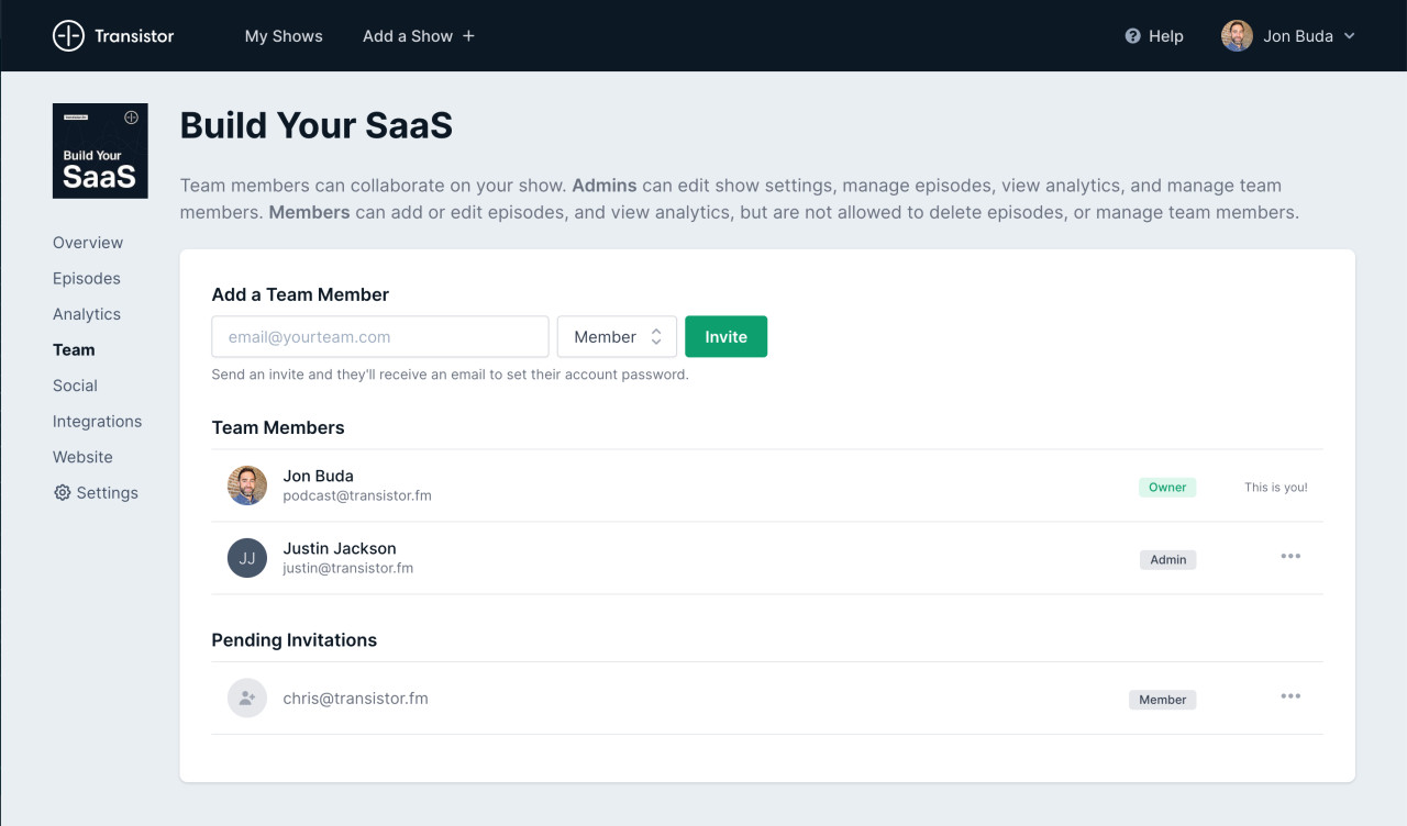 Invite users to your podcasting account