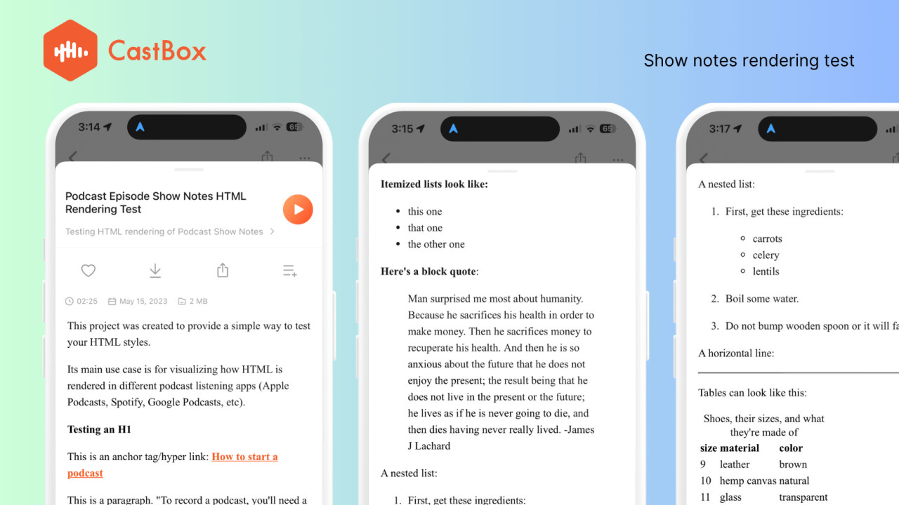CastBox podcast show notes rendering episode description formatting