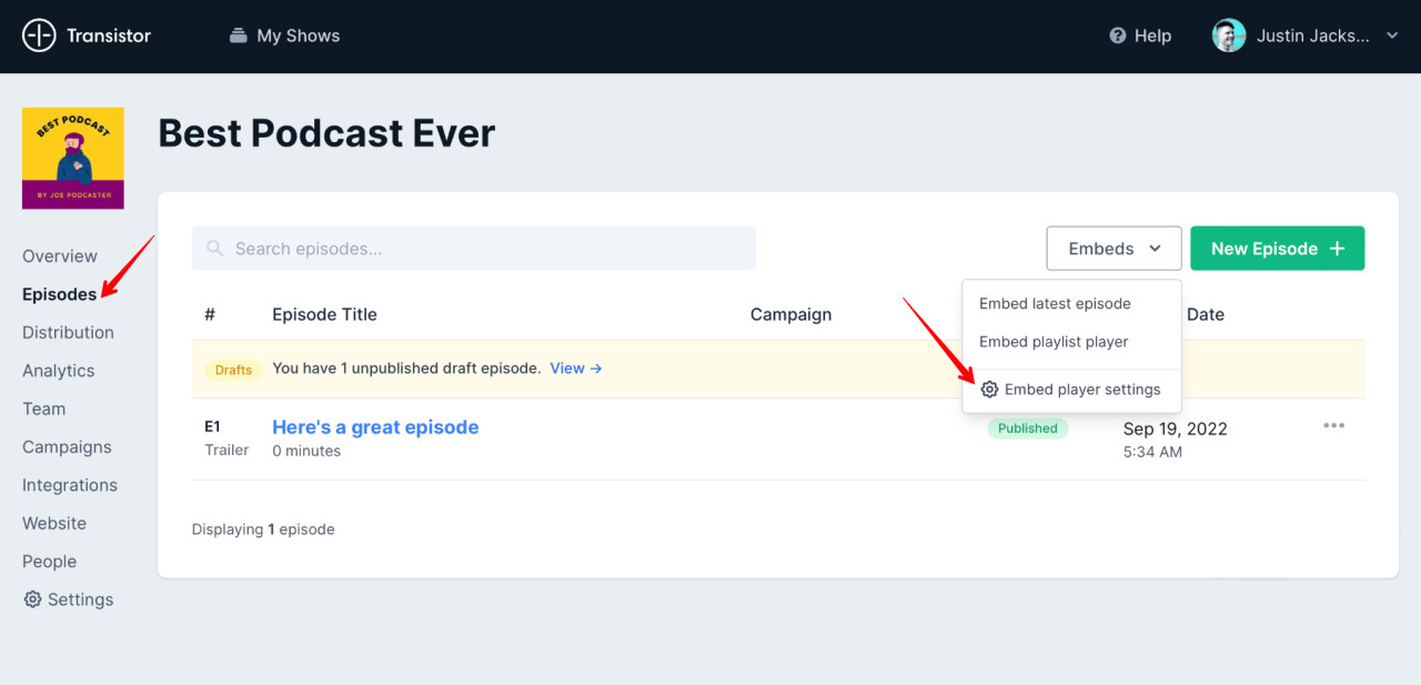Access embed player settings