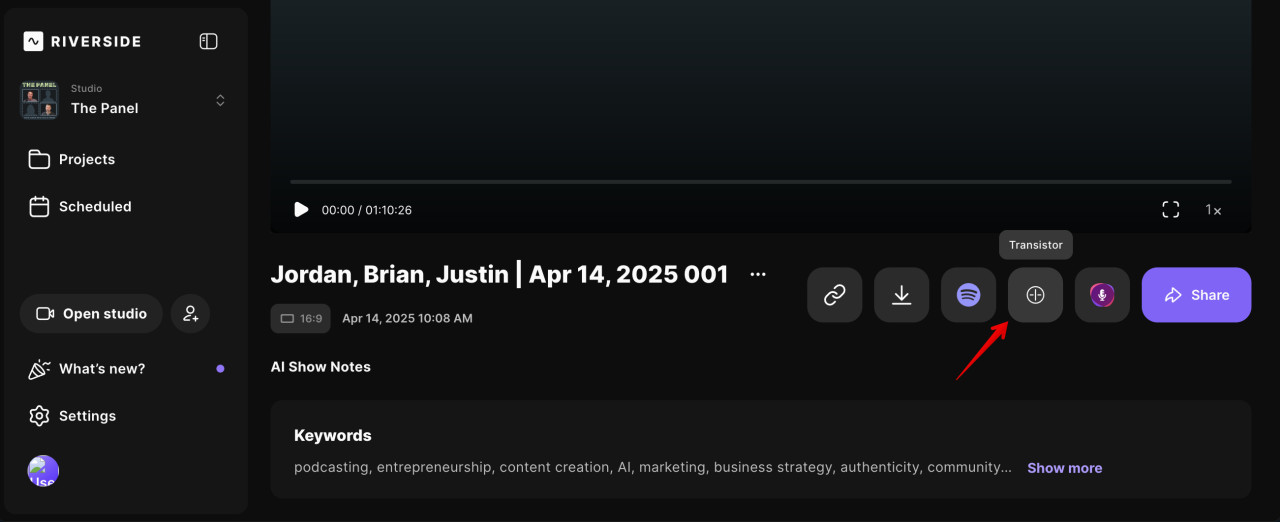 Export your episode to Transistor directly from Riverside
