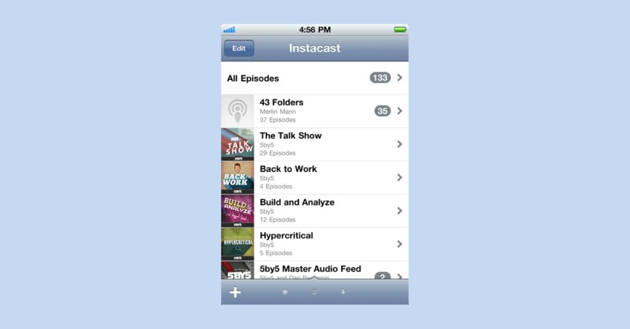 A screenshot of the Instacast podcast listening app featuring podcasts like The Talk Show, Back to Work, Build and Analyze, Hypercritical from the 5by5 network
