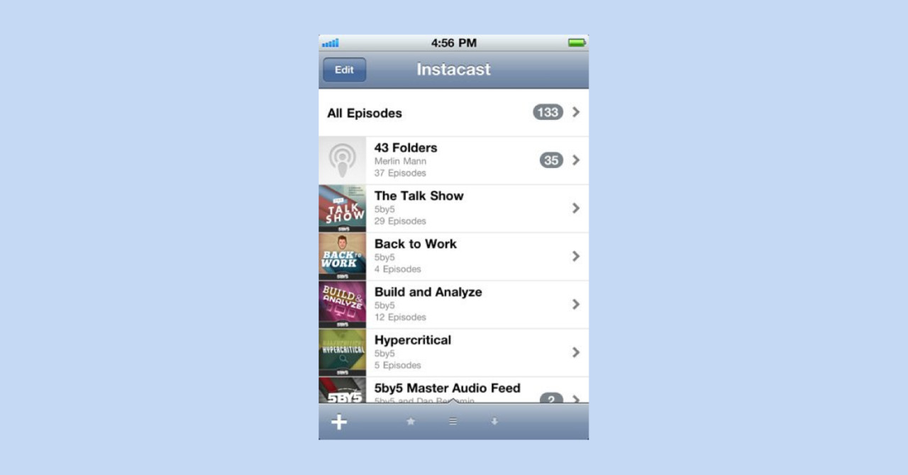A screenshot of the Instacast podcast listening app featuring podcasts like The Talk Show, Back to Work, Build and Analyze, Hypercritical from the 5by5 network