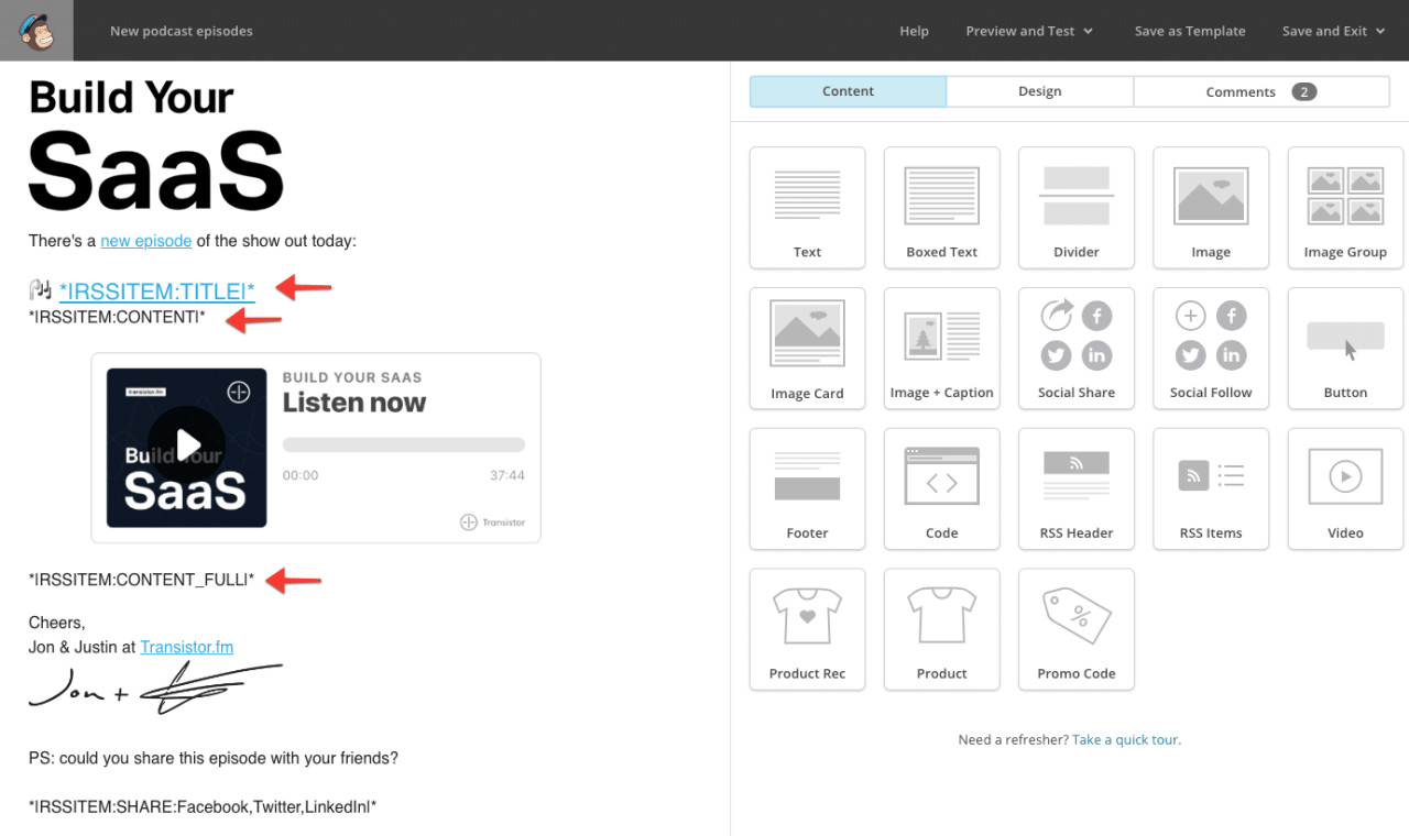 Enter your RSS merge tags into Mailchimp's editor