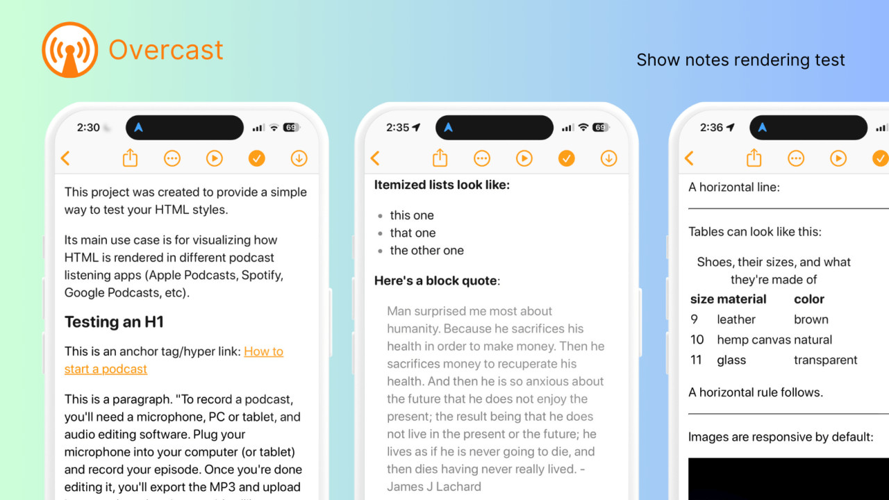 Overcast podcast show notes rendering episode description formatting
