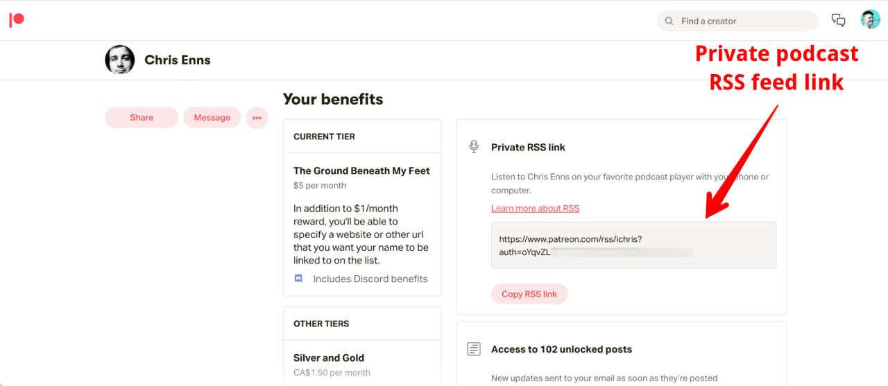 How to find your private podcast link on Patreon