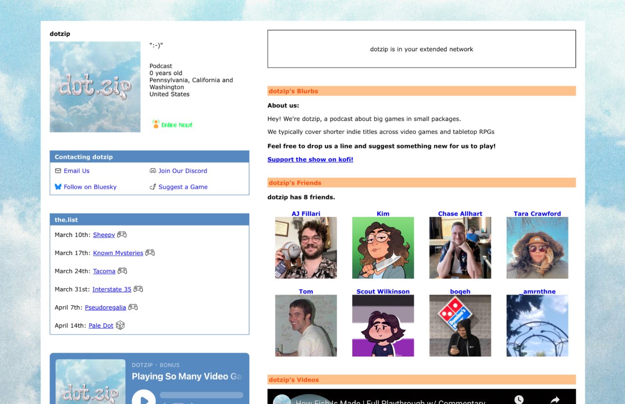 Dotzip podcast site homepage gives a nostalgic hat-tip to the days of 