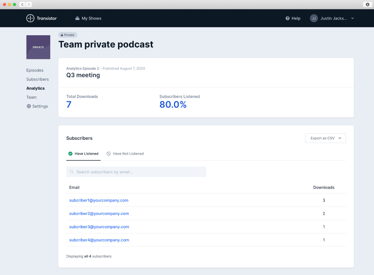 See who's listened to your private podcast episodes