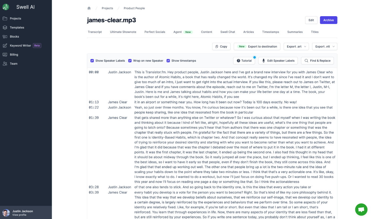 Swell AI automatic podcast show notes