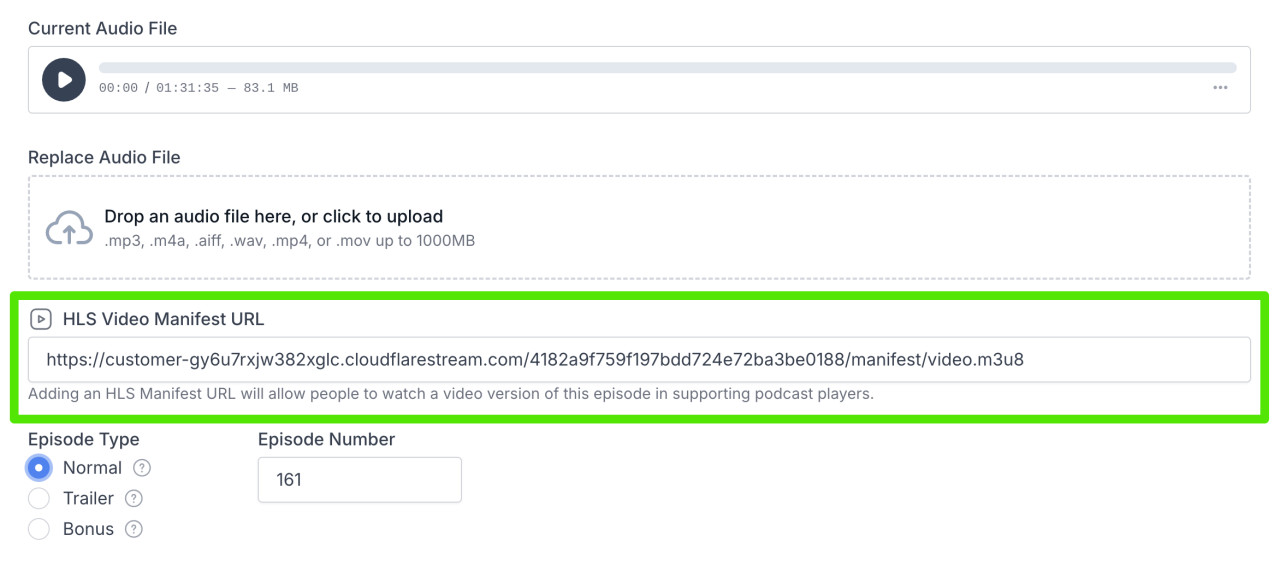 Transistor UI for adding HLS video streaming to a podcast episode
