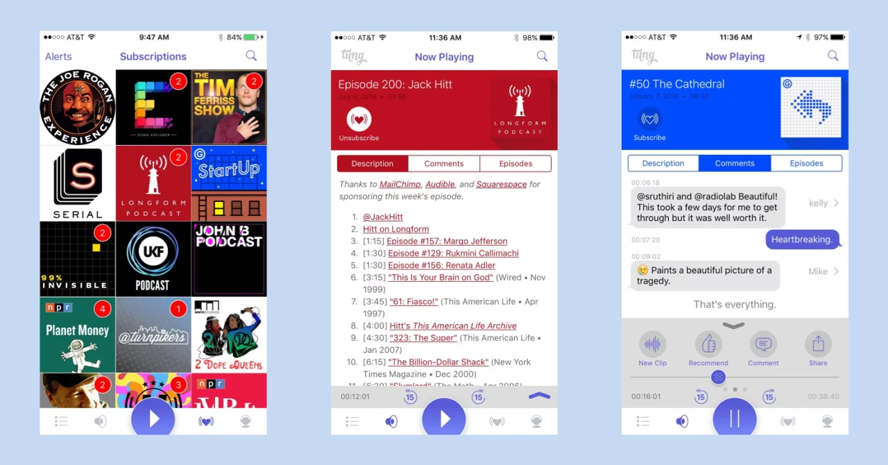 Screenshots from Tung show social features like comments