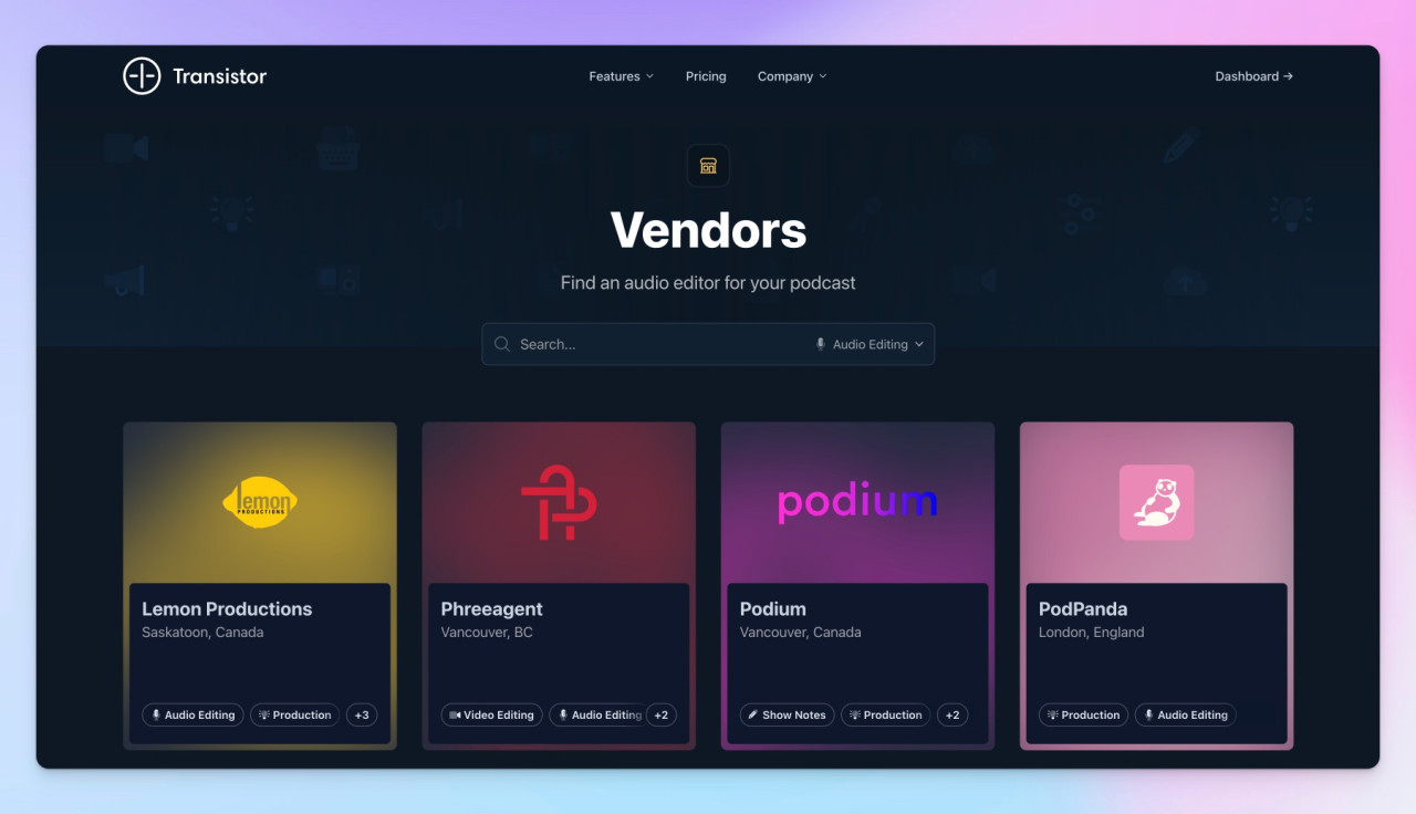 Vendor directory for podcast audio editors and producers